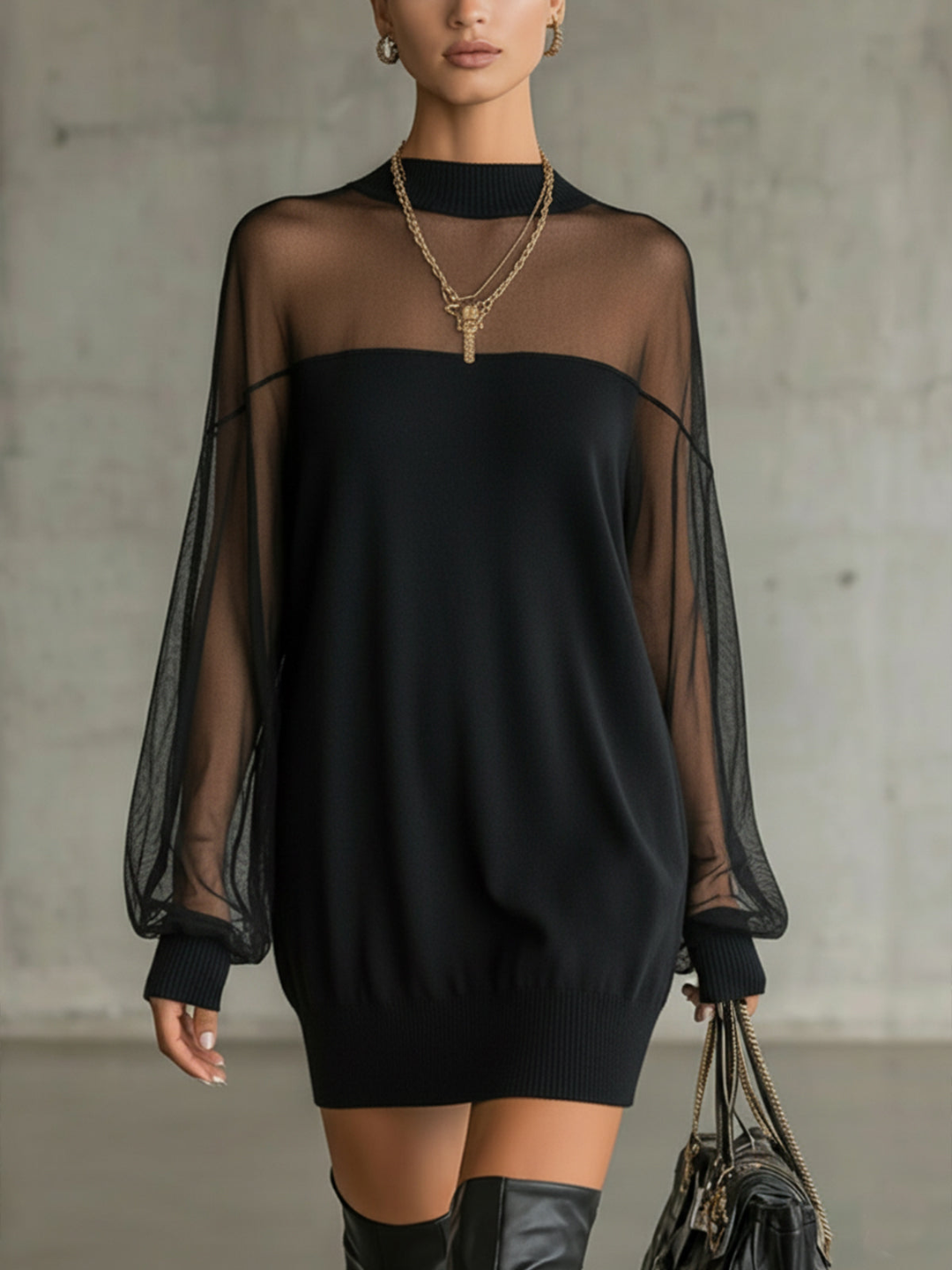 Elegant Black Mini Dress with Sheer Mesh Sleeves