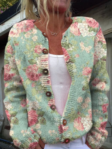 Damen Strickjacke Mit Blumenmuster Und Wärmendem Design