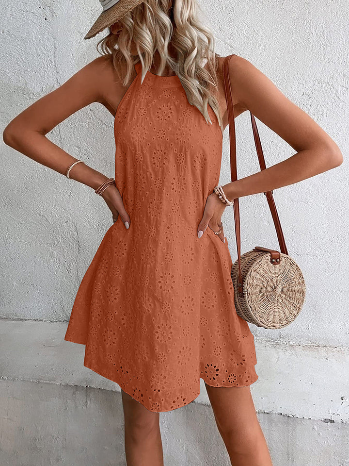 Eyelet Grecian Neckline Mini Dress