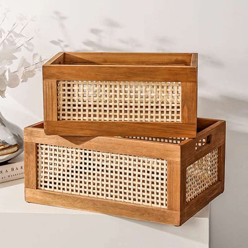 Aufbewahrungsbox aus Rattan und Massivholz für verschiedene Gegenstände