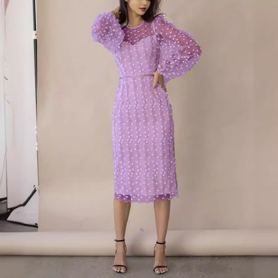 Women’s Sheer Dress with Transparent Puff Sleeves and Floral Embroidery