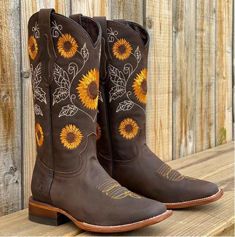 Damen Cowboy Stiefel Mit Sonnenblumenstickerei