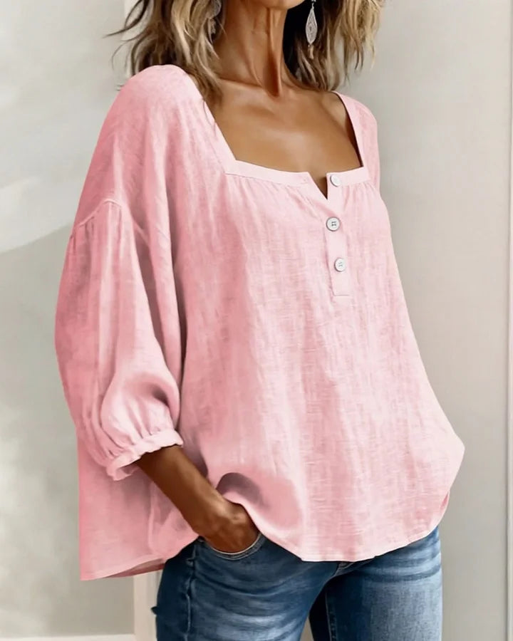 Cotton Blouse with Square Neckline and Long Sleeves
