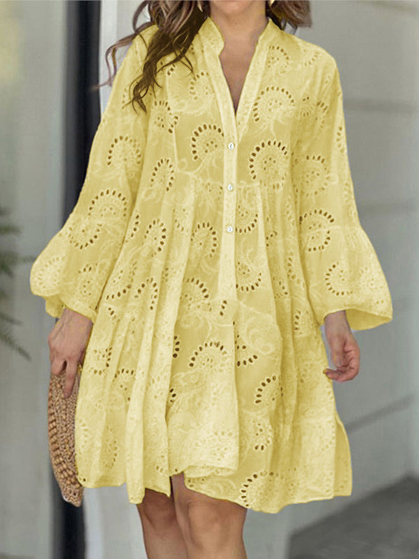 A-Line V-Neck Mini Dress with Flared Sleeves and Button Detail