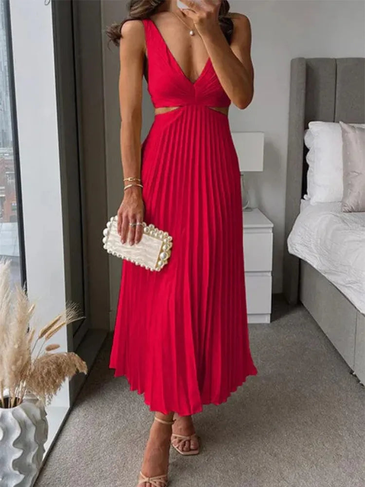 Damen Faltenkleid Mit V-Ausschnitt Und Eleganter Silhouette