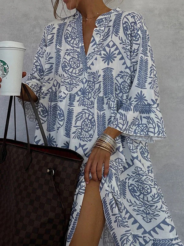 Loose V-Neck Falbala Print Midi Dress with Three-Quarter Sleeves