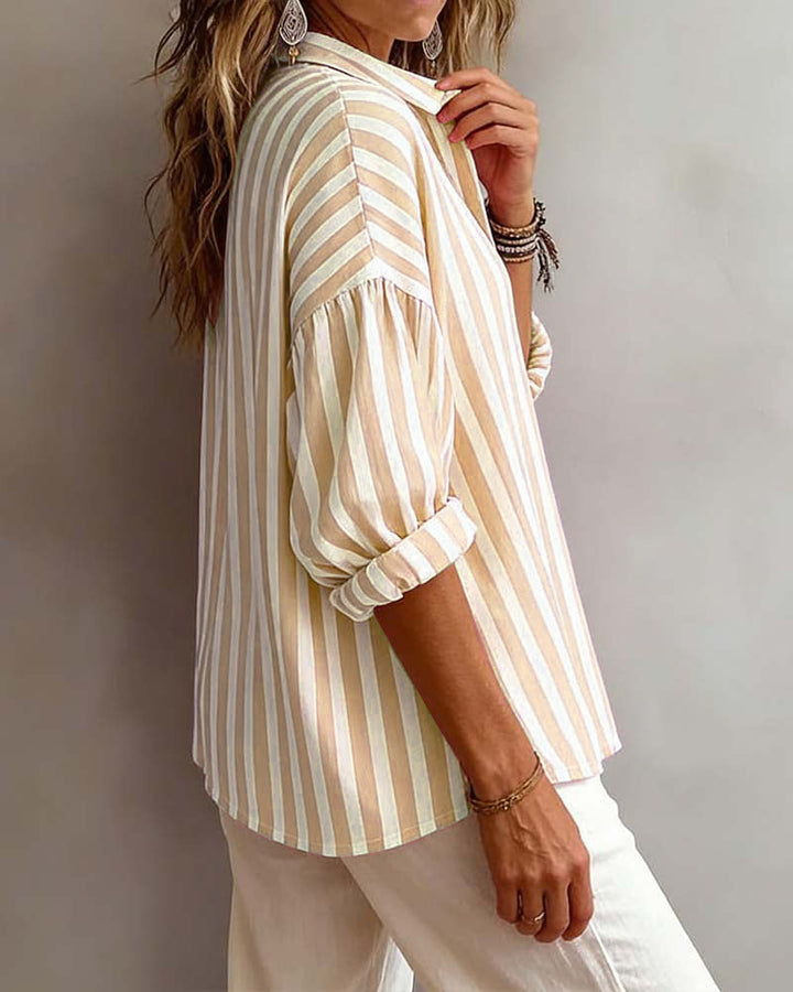 Loose-Fitting Striped Collared Blouse for Women