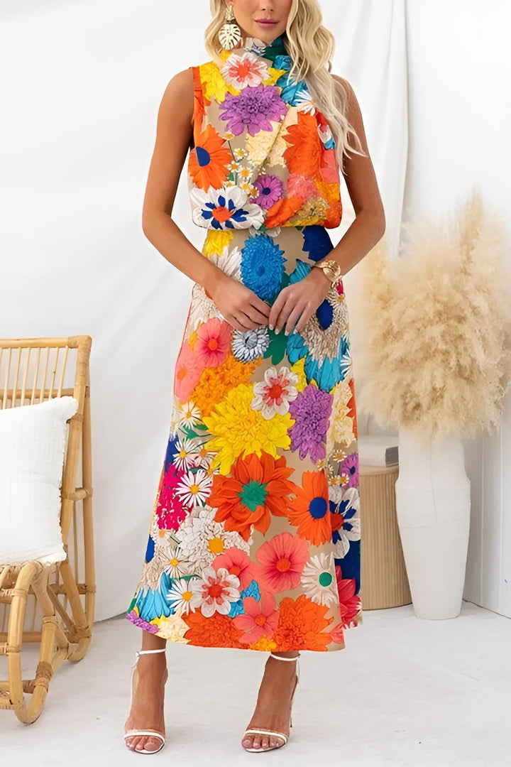 Sleeveless Tie Neck Floral Print Maxi Dress for Summer