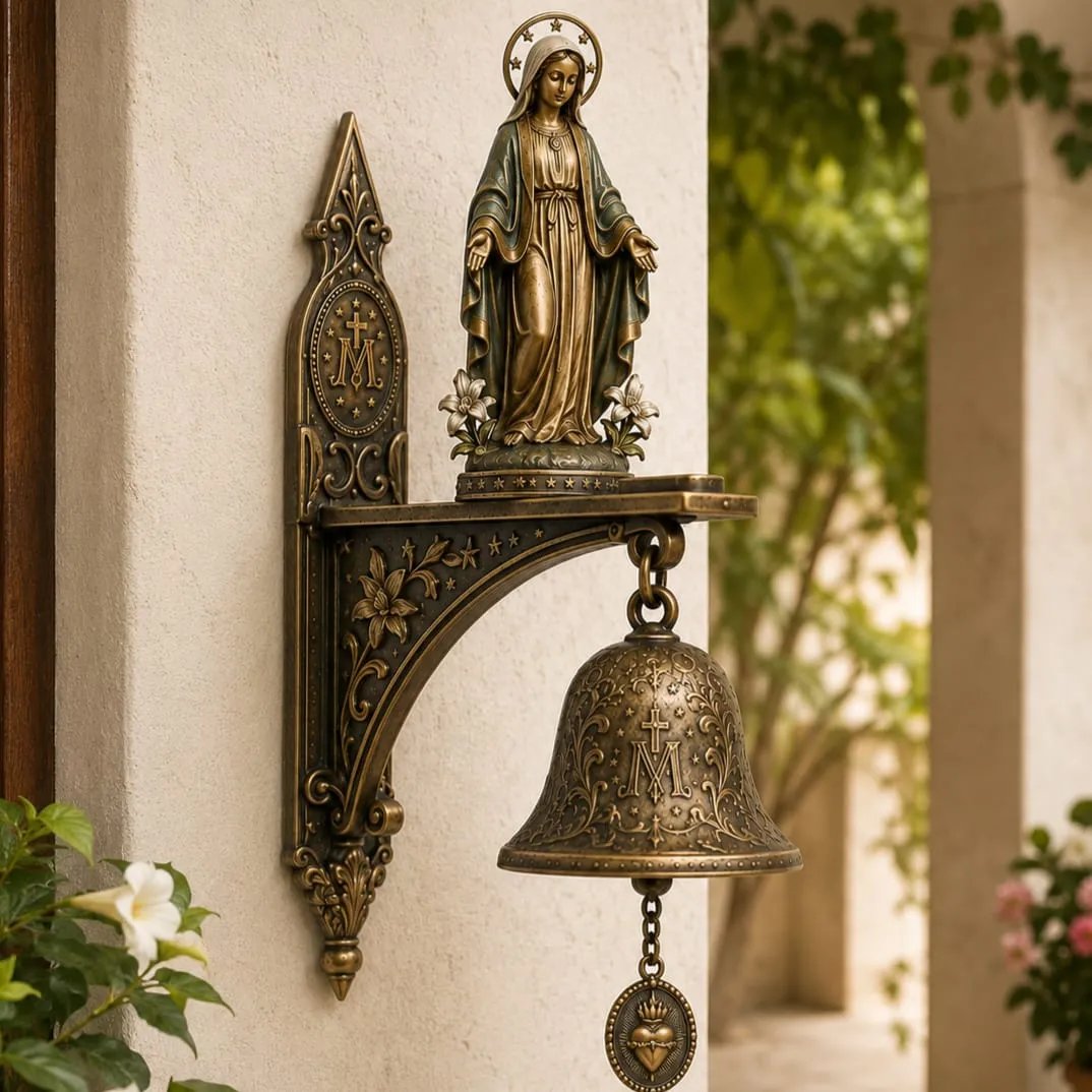 Wandglocke aus Bronze mit Marienmotiv an dekorativer Wandhalterung