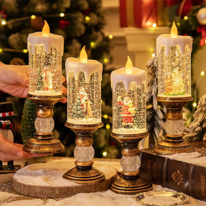 Winterliche LED Kerzen mit Schneeoptik und Flammenloser Beleuchtung
