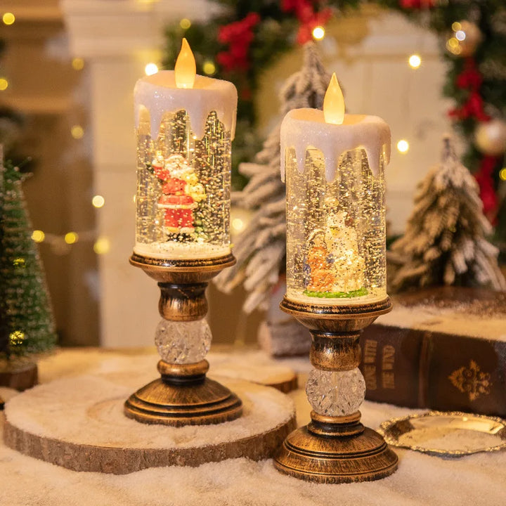 Winterliche LED Kerzen mit Schneeoptik und Flammenloser Beleuchtung