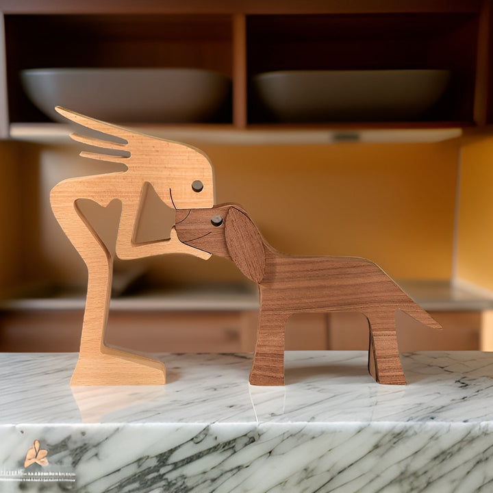 Holzskulptur Hund und Mensch handgefertigte Figurine