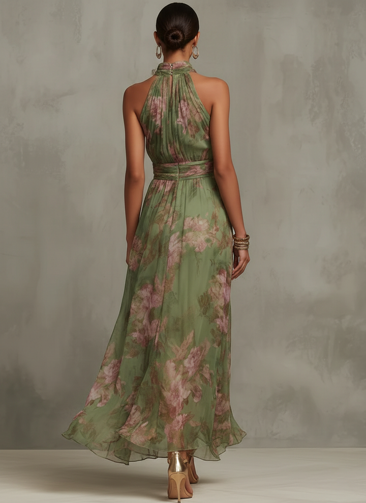 Green Floral Chiffon Halter Neck Maxi Dress