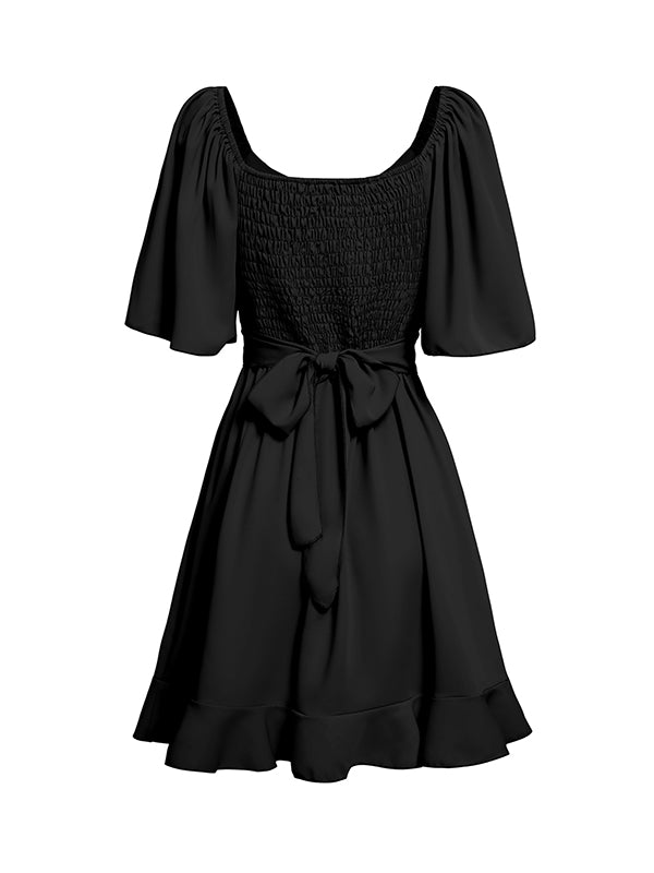 Flared Sleeve V-Neck Ruffled Mini Dress with Tied Waist
