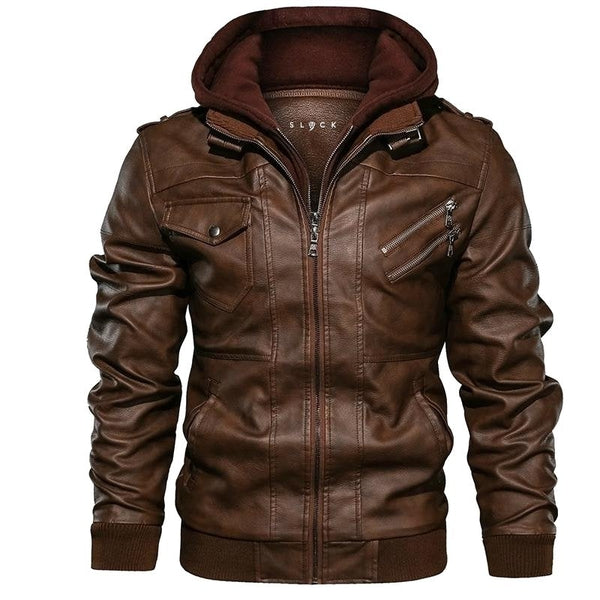Herren Lederjacke Mit Abnehmbarer Kapuze Und Steppdetails