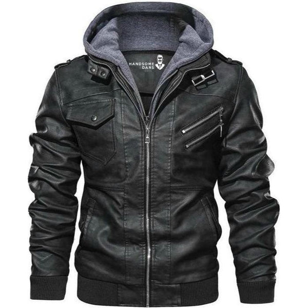 Herren Lederjacke Mit Abnehmbarer Kapuze Und Steppdetails