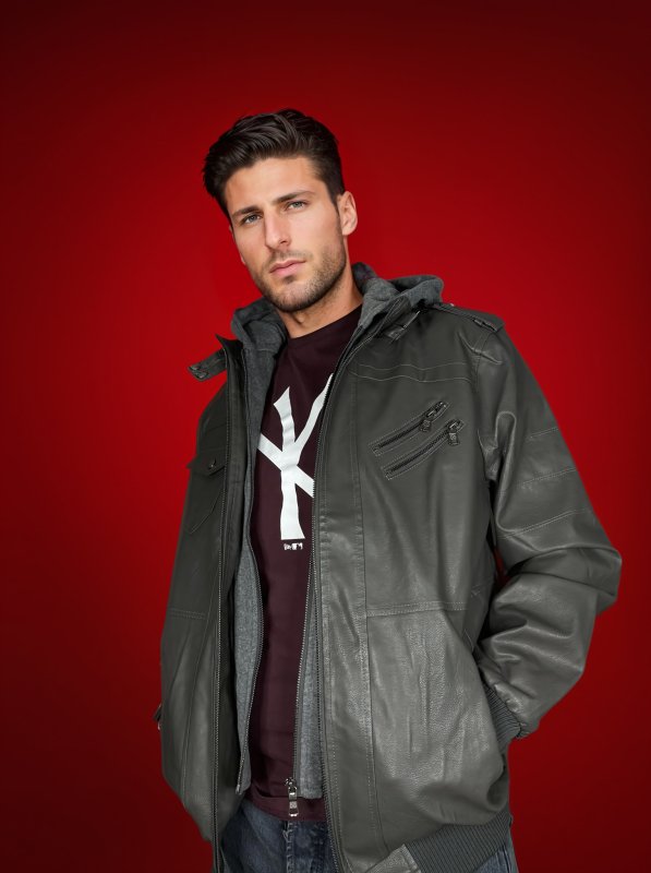 Herren Lederjacke Mit Abnehmbarer Kapuze Und Steppdetails