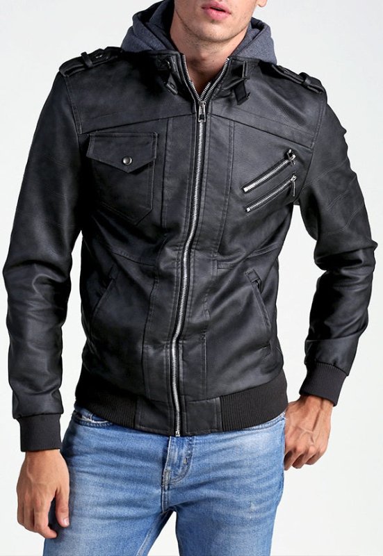 Herren Lederjacke Mit Abnehmbarer Kapuze Und Steppdetails