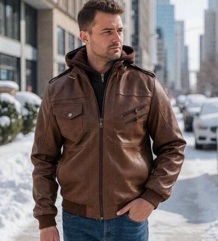 Herren Lederjacke Mit Abnehmbarer Kapuze Und Steppdetails