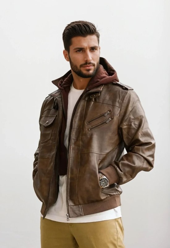 Herren Lederjacke Mit Abnehmbarer Kapuze Und Steppdetails