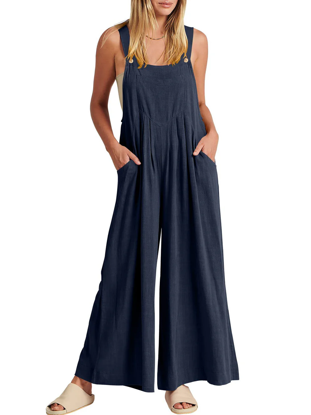 Solid Button-Strap Relaxed Fit Jumpsuit