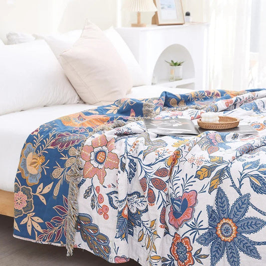 Baumwolldecke mit Blumenmuster – Jacquard Plaid mit Fransen