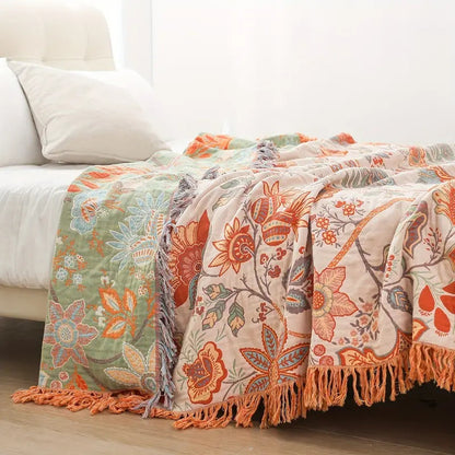 Boho Decke mit Blumenmuster – Baumwoll Plaid mit Fransen