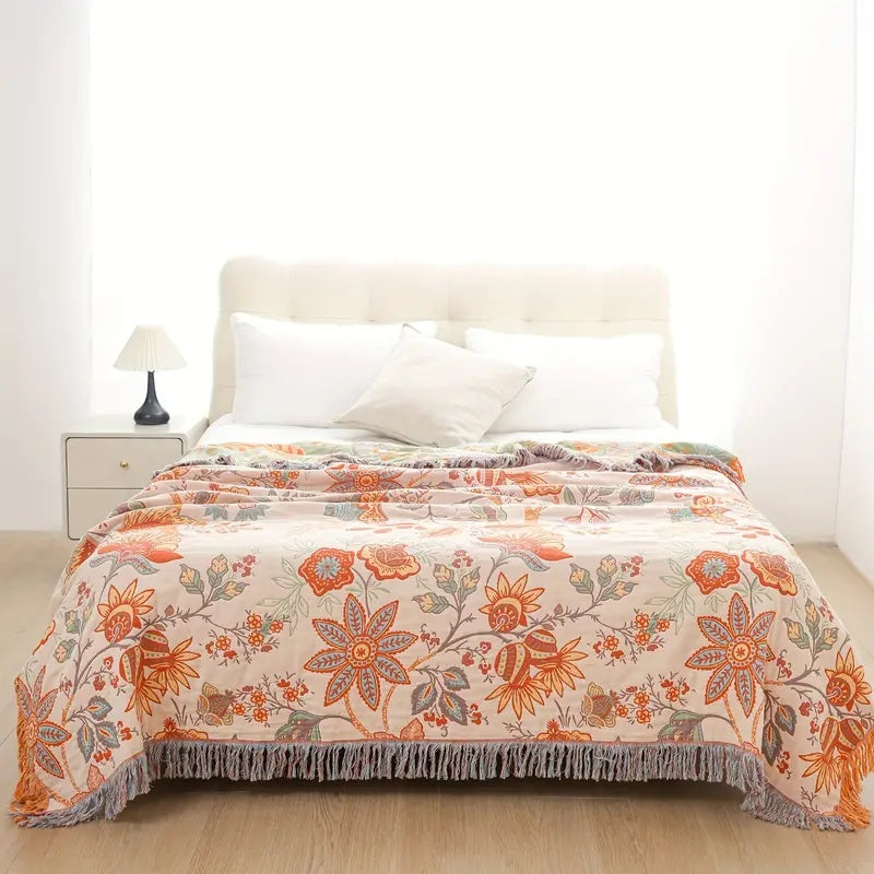 Boho Decke mit Blumenmuster – Baumwoll Plaid mit Fransen
