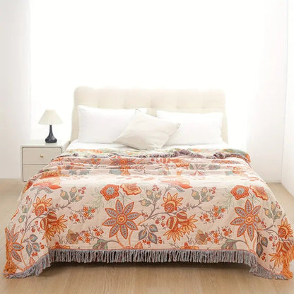Boho Decke mit Blumenmuster – Baumwoll Plaid mit Fransen