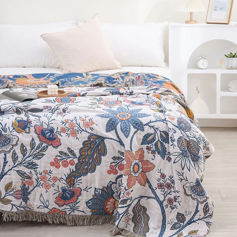 Baumwolldecke mit Blumenmuster – Jacquard Plaid mit Fransen