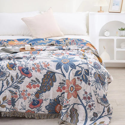 Baumwolldecke mit Blumenmuster – Jacquard Plaid mit Fransen