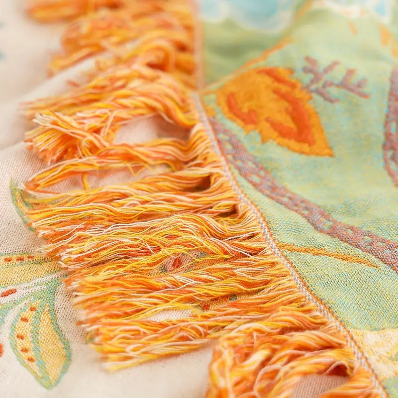 Boho Decke mit Blumenmuster – Baumwoll Plaid mit Fransen