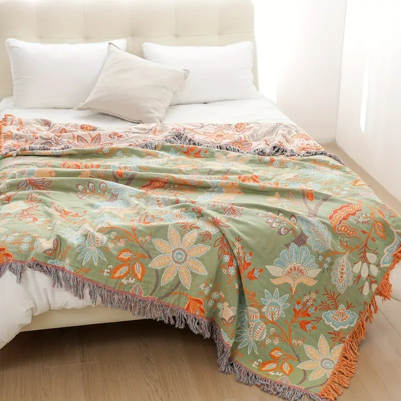 Boho Decke mit Blumenmuster – Baumwoll Plaid mit Fransen