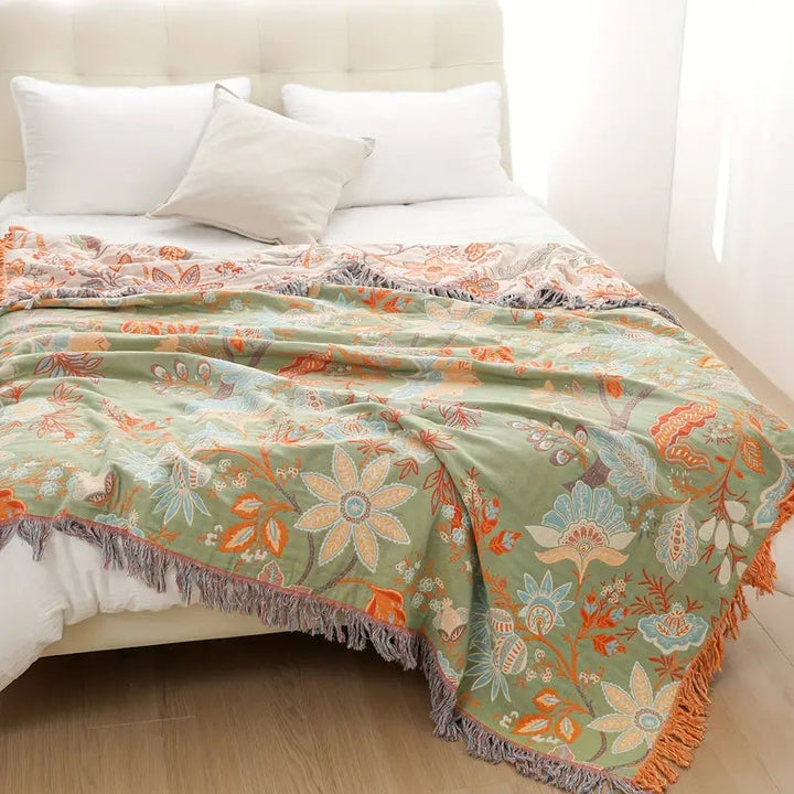 Boho Decke mit Blumenmuster – Baumwoll Plaid mit Fransen