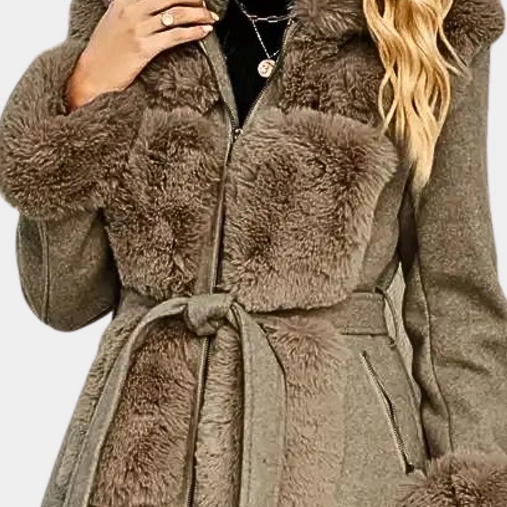 Damen Trenchcoat Aus Wollmischung Mit Kunstfellkragen