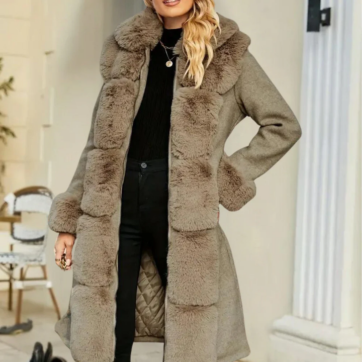 Damen Trenchcoat Aus Wollmischung Mit Kunstfellkragen