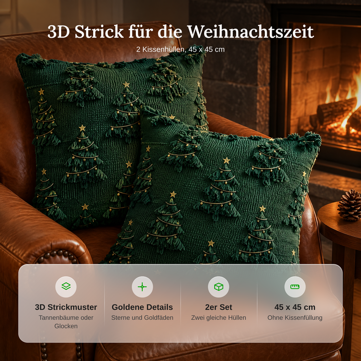 Detailansicht der 3D-Strickstruktur einer weihnachtlichen Kissenhülle
