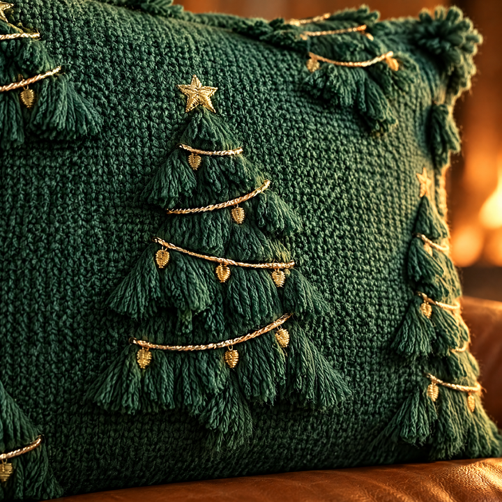 Kissenhülle mit dekorativem Tannenbaum im 3D-Strickdesign