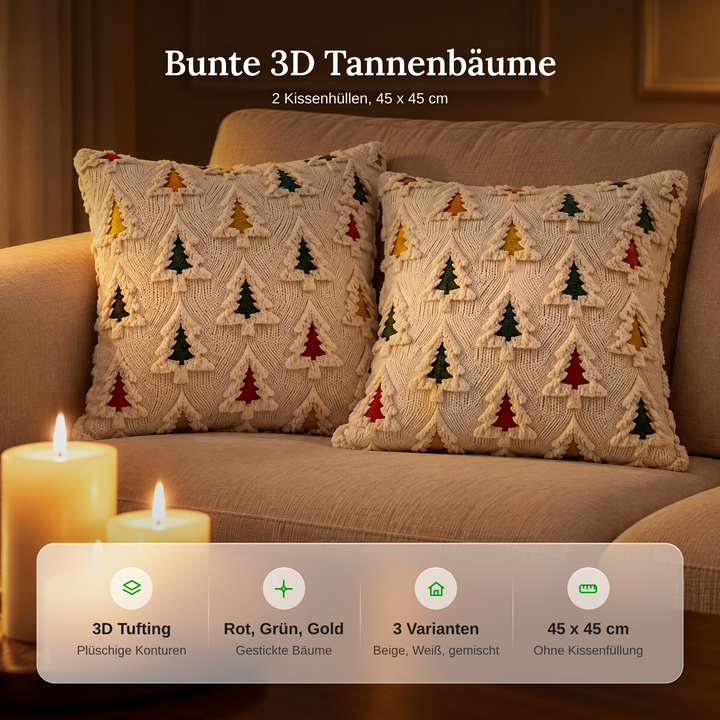 Detailaufnahme der plüschigen Kissenhülle mit erhabenen 3D-Tannenbäumen