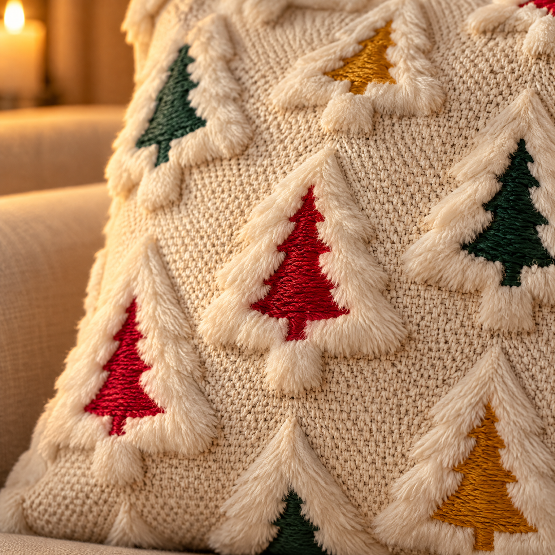 Dekoratives Weihnachtskissen mit bunten 3D-Tannenbäumen auf einem Sofa