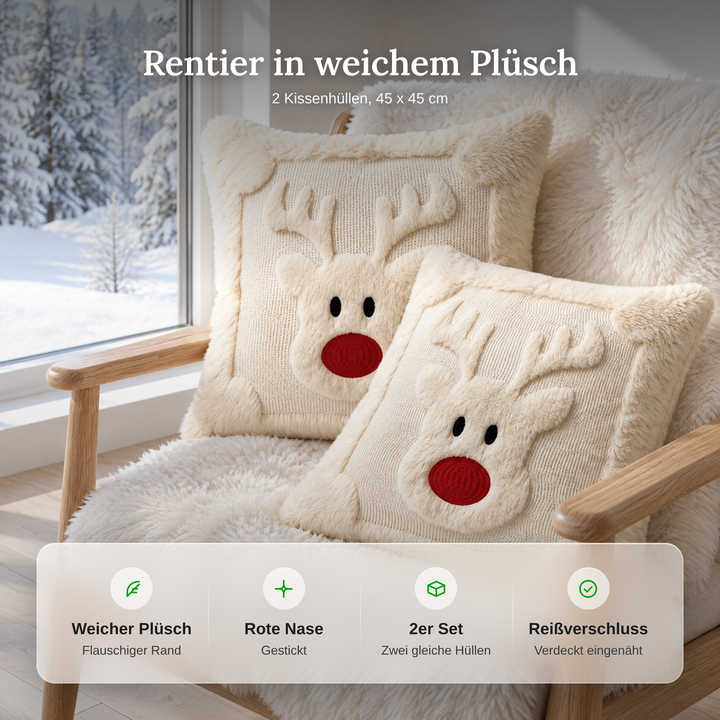 Cremefarbene Kissenhülle aus Plüsch mit festlichem Rentiermotiv