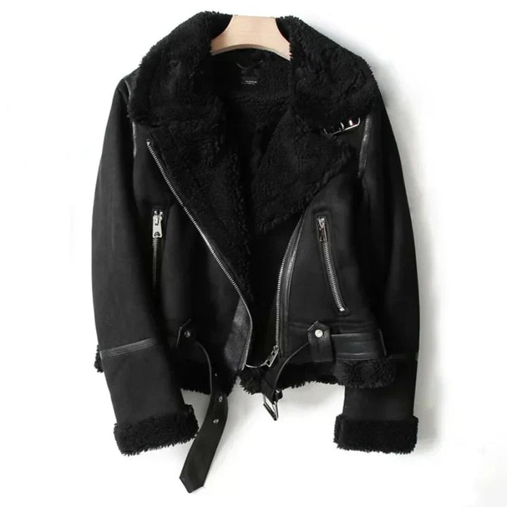 Damen Lederjacke Mit Sherpa Futter Und Klassischem Schnitt