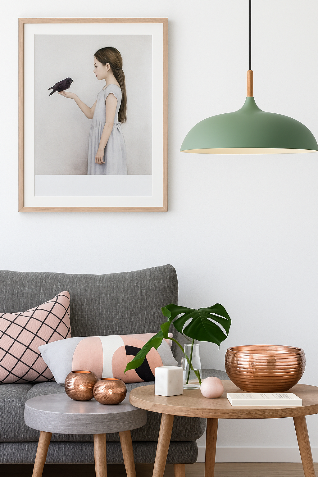 Pendelleuchten aus Metall und Holz in sanften Pastellfarben