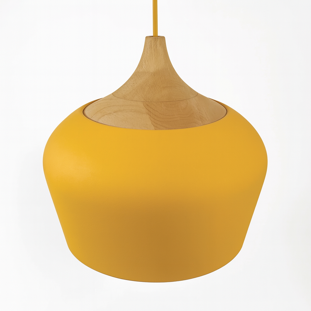 Pendelleuchten aus Metall und Holz in sanften Pastellfarben