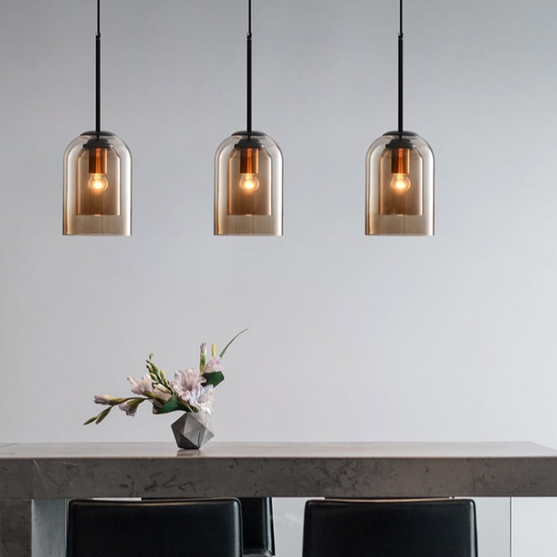 Pendelleuchte mit Doppelglas im Mid-Century Design – Rauchgrau oder Rost