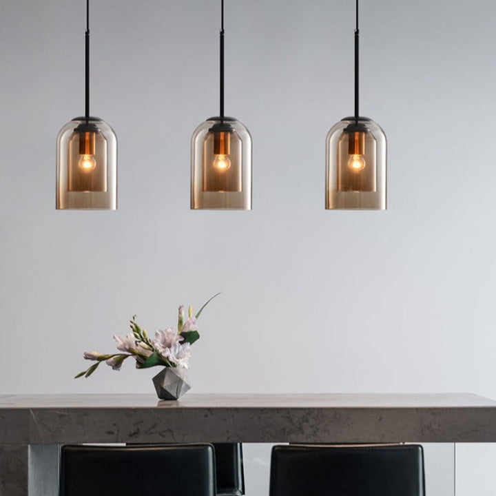 Pendelleuchte mit Doppelglas im Mid-Century Design – Rauchgrau oder Rost