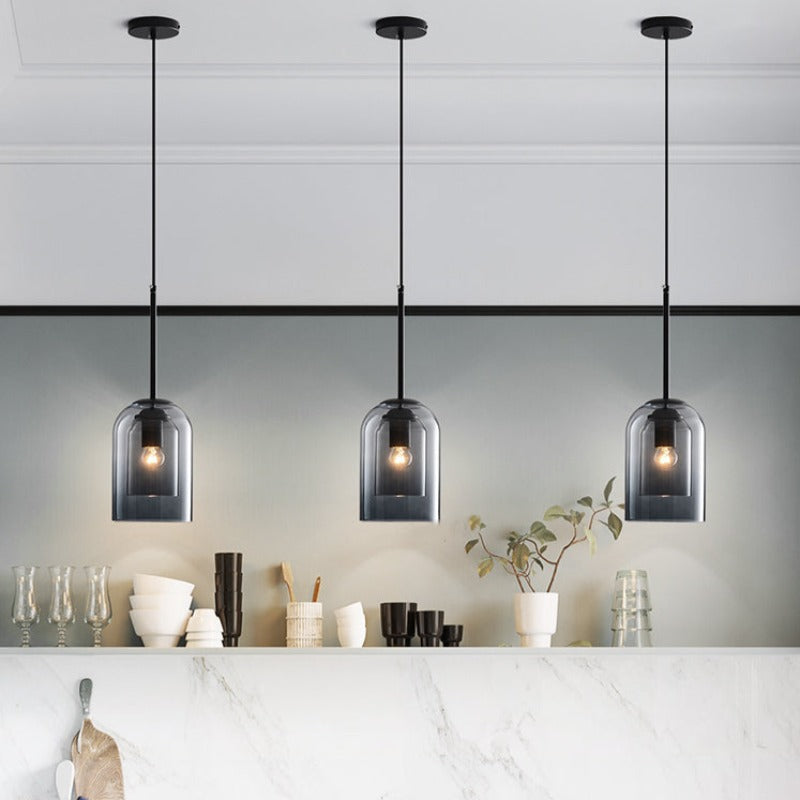 Pendelleuchte mit Doppelglas im Mid-Century Design – Rauchgrau oder Rost