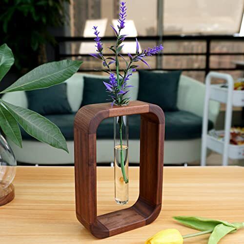 Holzrahmen mit mehreren Glasröhren als dekorative Stecklingsvase im minimalistischen Design