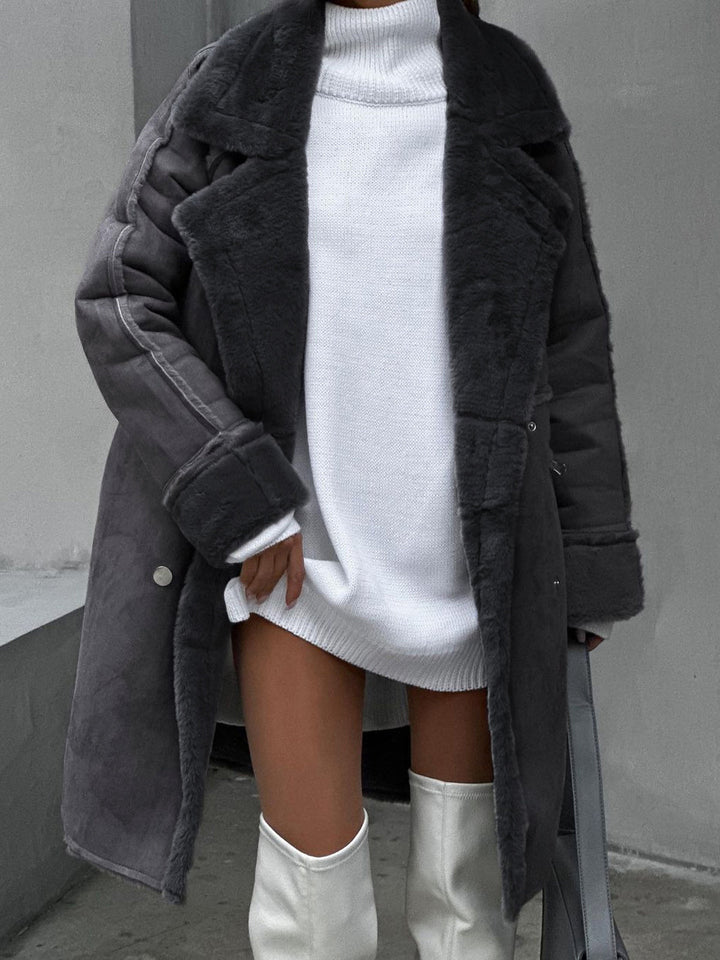 Damen Langer Mantel Aus Fleece Mit Klassischem Design