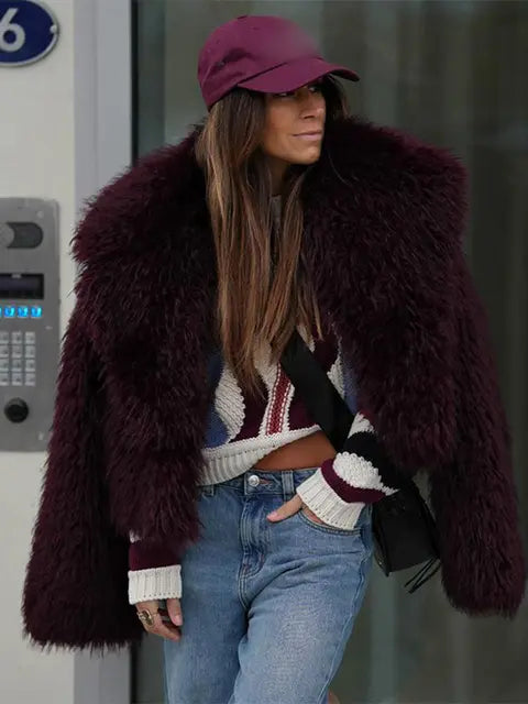 Damen Kunstpelzmantel Bordeaux – Stilvoller Mantel für Eleganz und Wärme